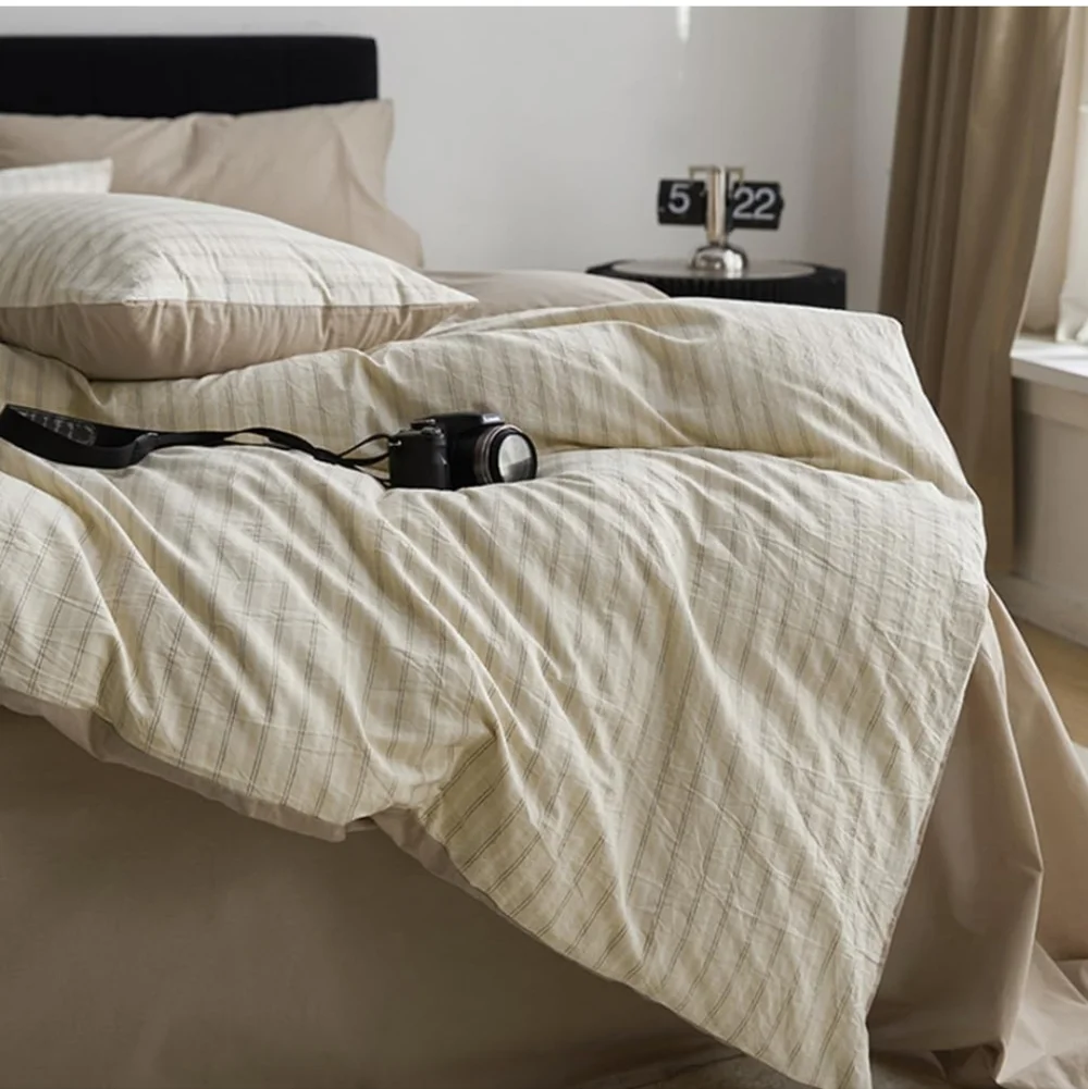 Beige Striped Duvet Cover Queen Size 100% Washed Cotton Duvet Cover Linen Like T